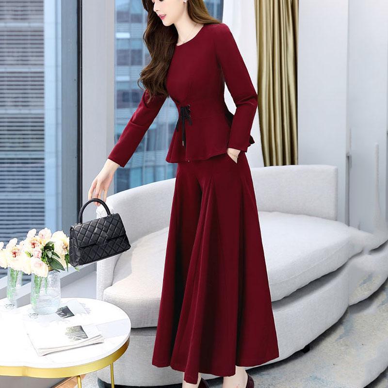 Suit Women's Spring and Autumn Dress Ladies Temperament Two-piece Set of Nine-point Wide-leg Pants + Round Neck Long-sleeved Top
