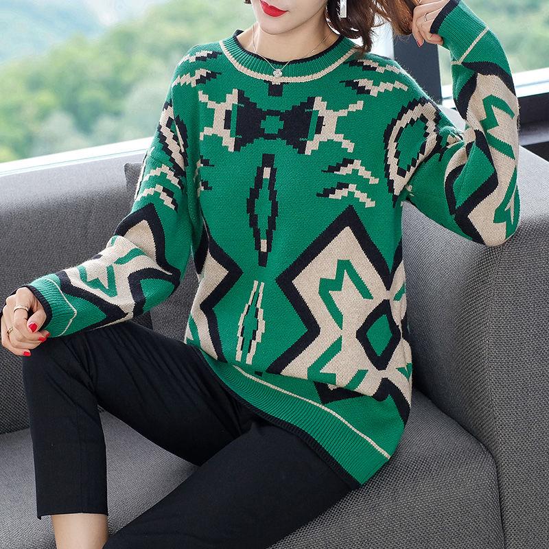 Fall/winter Vintage Printed Pullover Sweater Women Loose Knitted Sweater Jumper Bottoming  Outer Wear