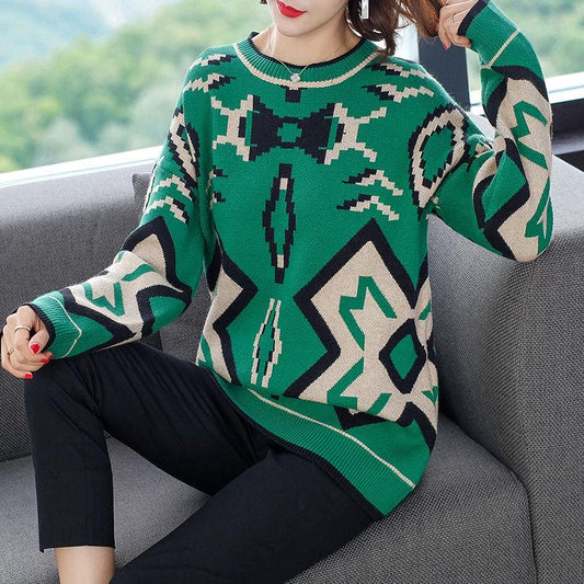 Fall/winter Vintage Printed Pullover Sweater Women Loose Knitted Sweater Jumper Bottoming  Outer Wear