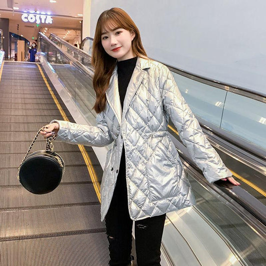 Women's Cotton-padded Clothes Mid-length Korean Style Waist Slim Slimming Suit Collar Down Cotton Jacket