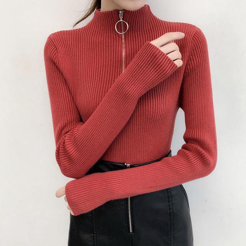 Core Spun Yarn Knitted Top Fall Winter Solid Color Half Turtleneck Sweater Fashion Jacket