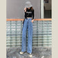 WTEMPO Double Breasted Adjustable Women's High Loose Casual Washed Denim Straight Long Wide Leg Pants