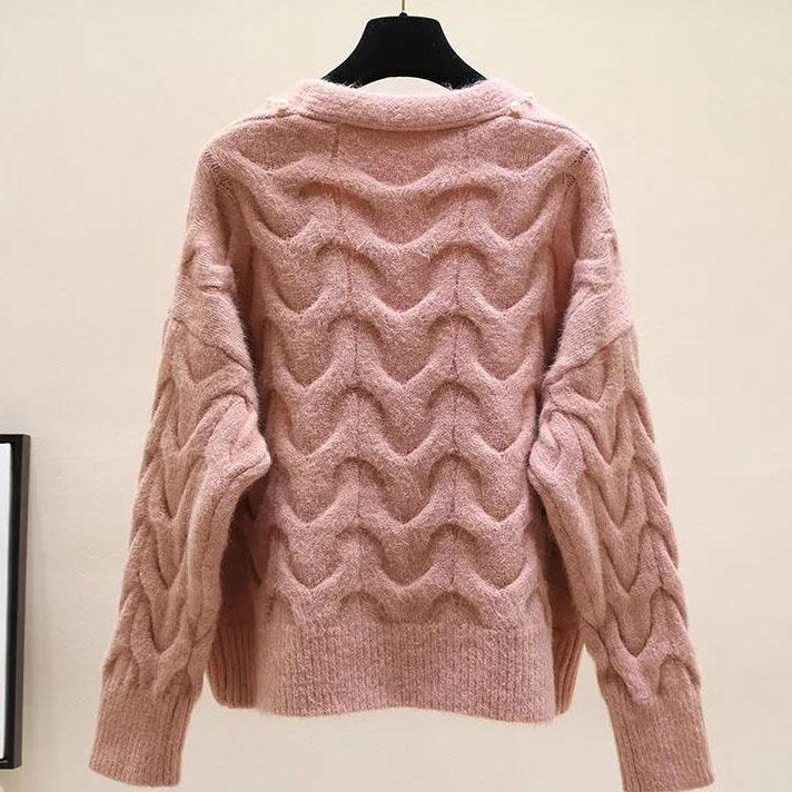 Female Sweet Pearl V-neck Knitted Cardigan Women's Autumn and Winter Versatile Short Knitted Tops