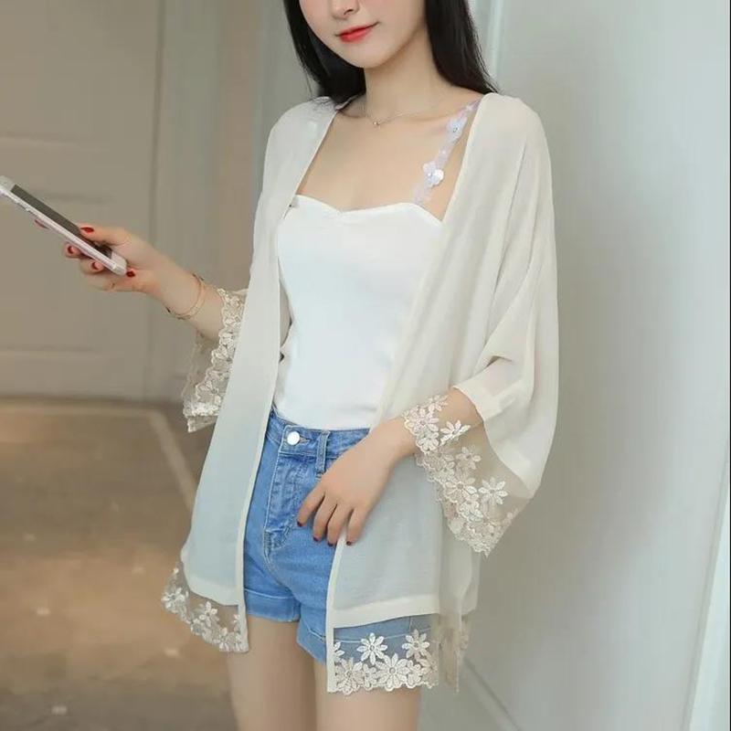 Beach Sun Cardigan Chiffon Women's Summer Thin Cotton Linen Anti-UV Length Above Knee