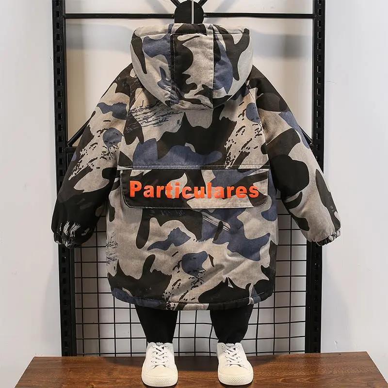 Boys Jacket Autumn and Winter Clothes Children's Quilted Plus Velvet Thick Windbreaker Foreign Style Camouflage Printed Cotton Jacket