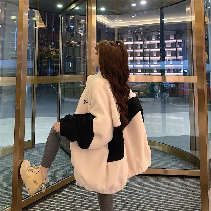 Autumn and Winter Stand-collar Lamb Velvet Jacket Winter Female Plus Velvet Thickening Student Campus Wind Casual Korean Jacket