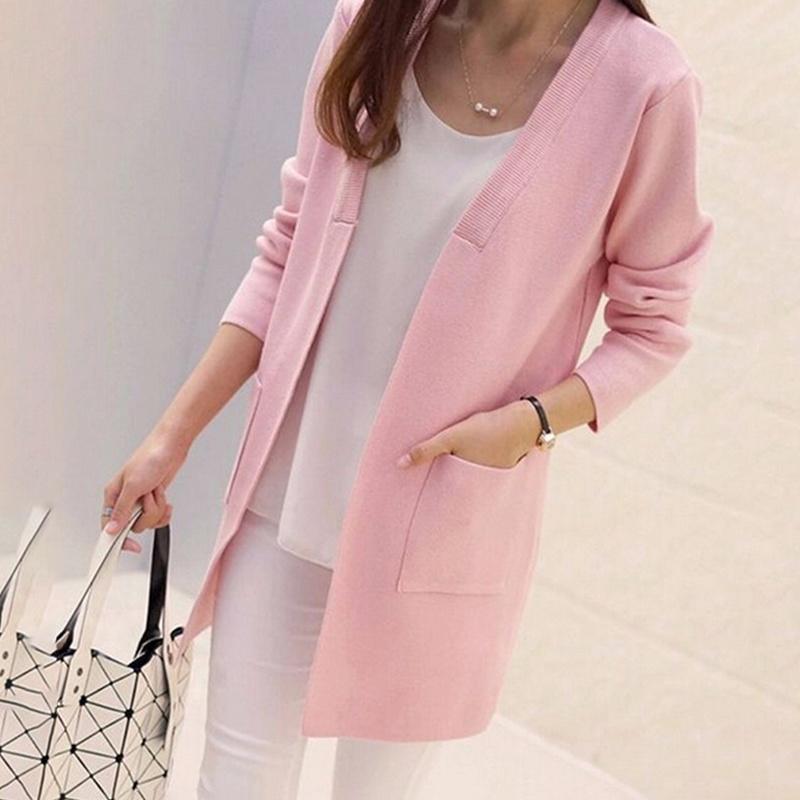 Women Solid Color Spring/Autumn Long Cardigan Loose Medium Korean Slim Knit Jacket Loose Sweater Shawl