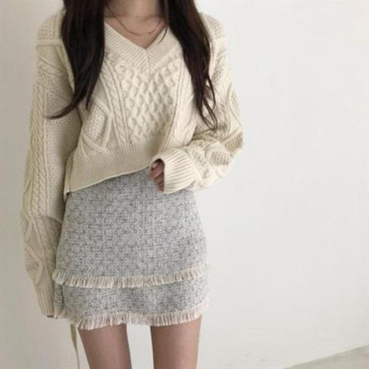 Hemp Pattern Retro Knitted Sweater Loose and Thin V-neck Jacket Short Solid Color Casual Top
