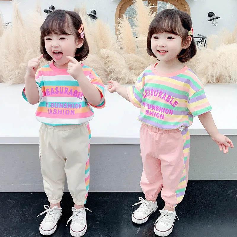 Girls Cute Striped Short Sleeve Casual Pants Suit Summer Baby Rainbow Print Breathable Comfortable Soft Two-piece Set