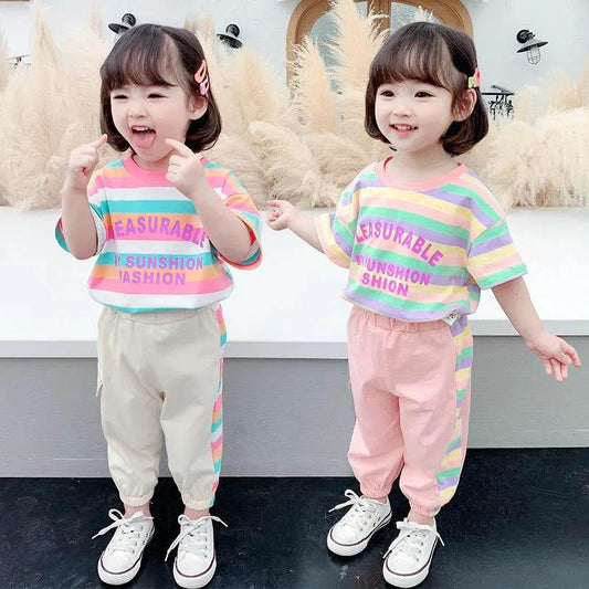 Girls Cute Striped Short Sleeve Casual Pants Suit Summer Baby Rainbow Print Breathable Comfortable Soft Two-piece Set
