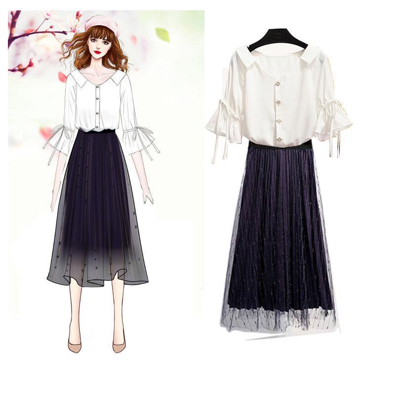 Women Skirt Set Off-shoulder Blouse Denim Stitched Mesh Skirt Two-piece Set for Party