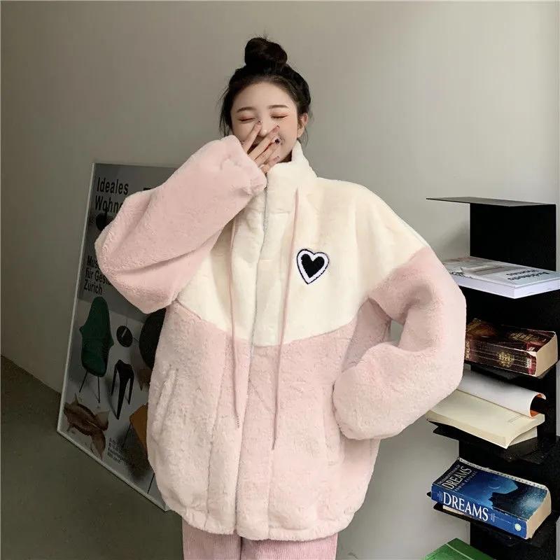 Women's Winter Lamb Wool Coat Lazy Wind Girl's Loose Cotton Coat Thick Plush Stitching Sweater Casual Warm Cotton Clothes Home Clothes Oversized Coat
