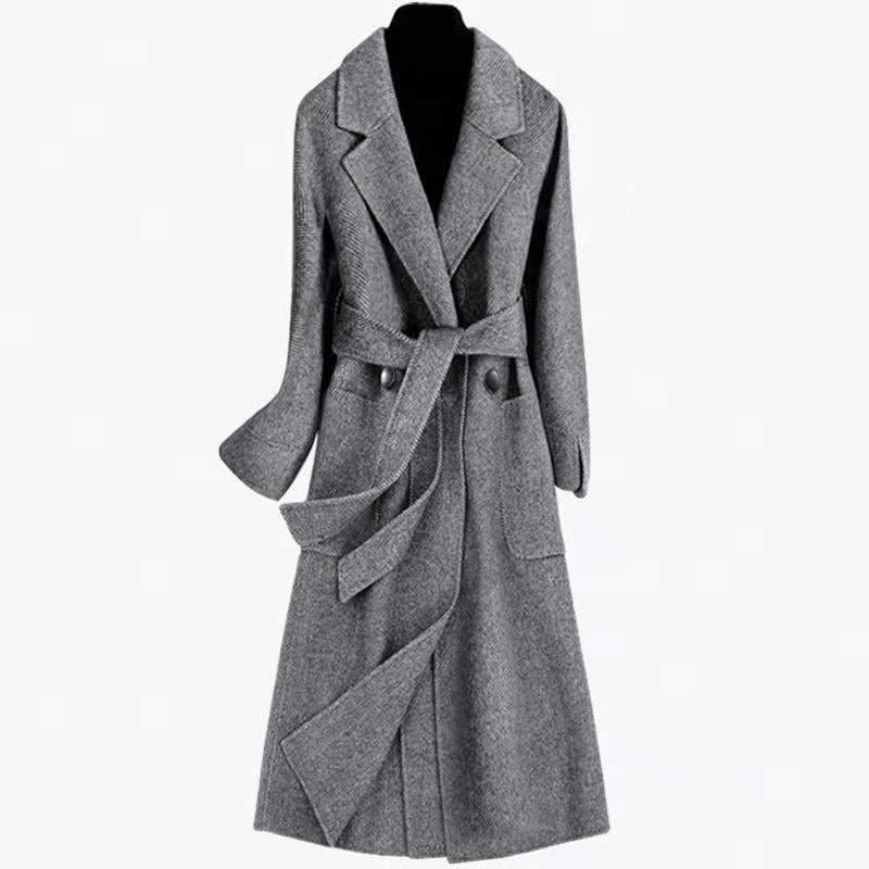 Cashmere Coat Elegant Long Women's Coat Lapel 2 Pockets Belted Jackets Coats Female Outerwear