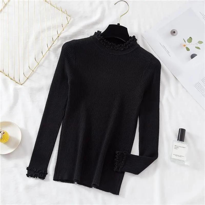 Sweater Women's Half Turtleneck Wooden Ear Pullover Knitwear Korean Slim Solid Color Top Trending Sweater Autumn and Winter Top