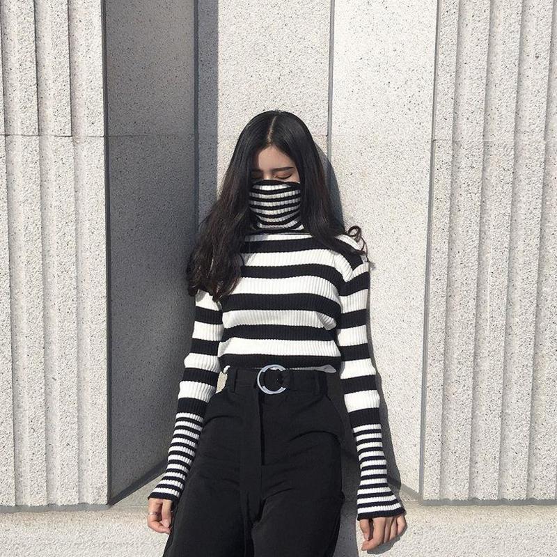 Sweater Women's Turtleneck Knitwear Black and White Striped Pullover Korean Slim Top Trendy Sweater Autumn and Winter Fashion