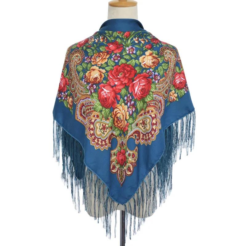 Muslim Women's Autumn Winter Pullover Scarf Cotton Printed Fringe Multifunctional Square Scarf Ethnic Wind Sand-proof Shawl Embroidery Tassels Scarves
