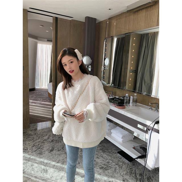 Pofulove Wool Coat Two Pieces of Lace Lambskin Sweater Women's Hedging Thick Plus Velvet Winter