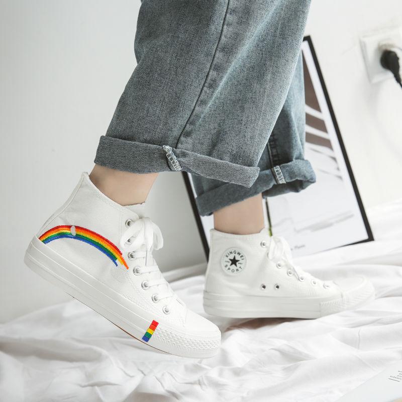 Rainbow high-top canvas shoes students breathable all-match college wind shoes ins casual shoes
