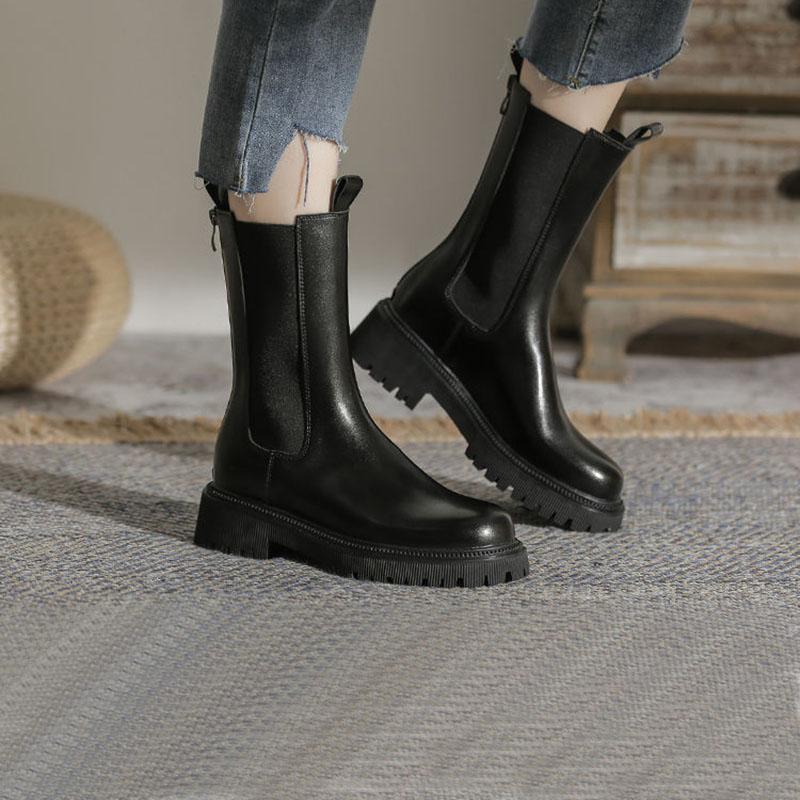 Chelsea Boots Martin Boots Woman Spring and Autumn Boots Thick Black Leather Single Boots Motorcycle Boots
