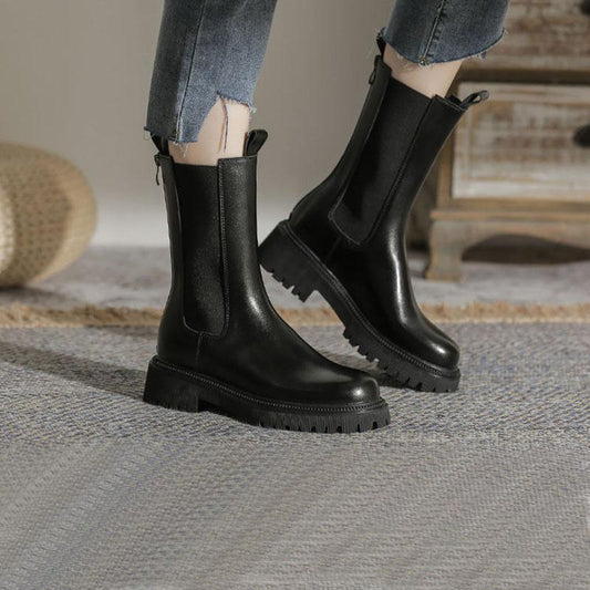 Chelsea Boots Martin Boots Woman Spring and Autumn Boots Thick Black Leather Single Boots Motorcycle Boots