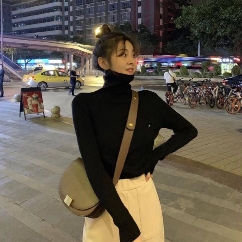 Pofulove Solid Color Pile Neck Sweater Undershirt Women Autumn and Winter Thick Turtleneck Sweater