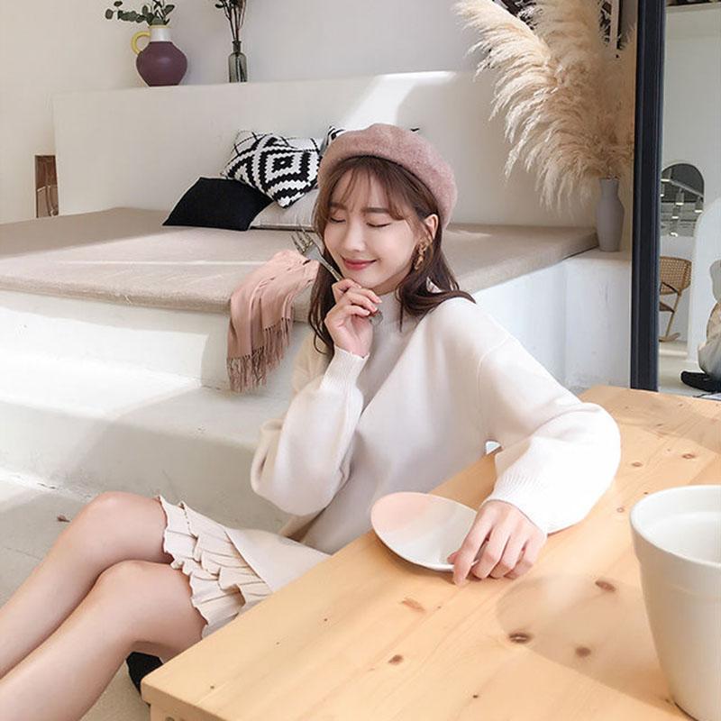 Autumn and Winter Half Turtleneck Sweater Thickened Long Over-the-knee Shirt Color-blocking Ruffled Knitted Dress