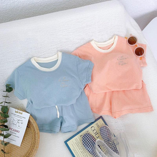 Children's Clothing Solid Color Short-sleeved Shorts Children's Suit Boys Girls Casual Comfortable T-shirt Two-piece Summer Clothing