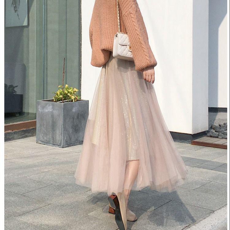 Fashion Women Skirts Tulle 2020 Spring Summer Korean Fashion Shiny Long Maxi Pleated Skirt Female Black Blue Apricot Skirt