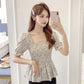 French Design Ladies Top Square Neck Fungus Edge Small Floral Chiffon Pullover Short Sleeves