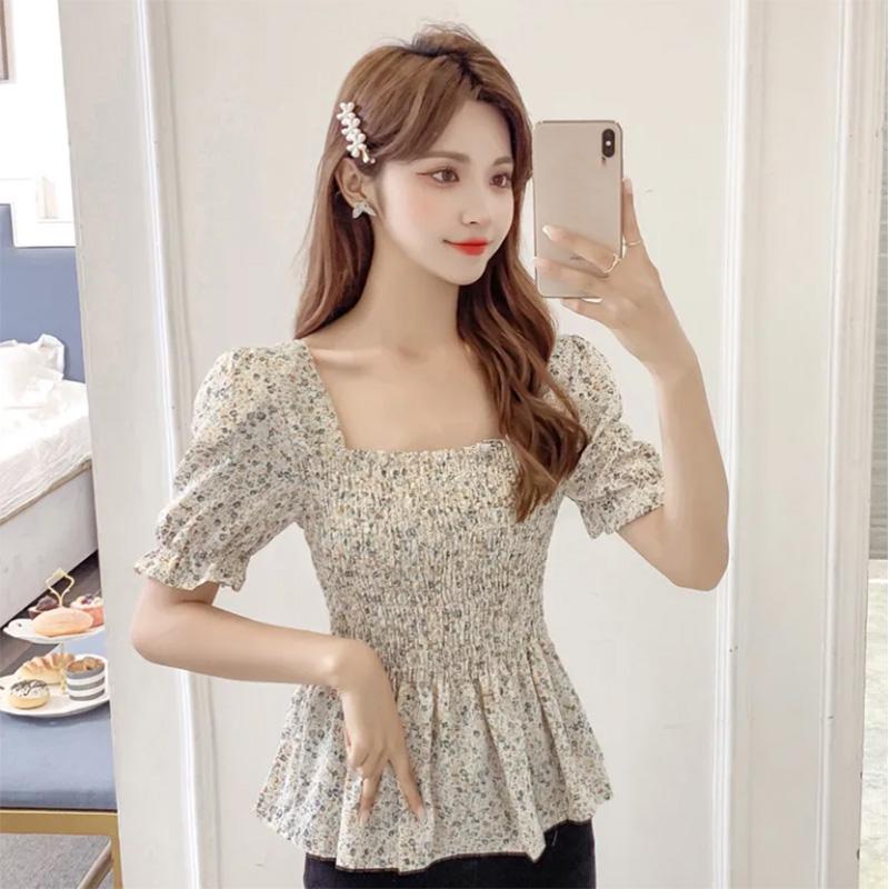 French Design Ladies Top Square Neck Fungus Edge Small Floral Chiffon Pullover Short Sleeves