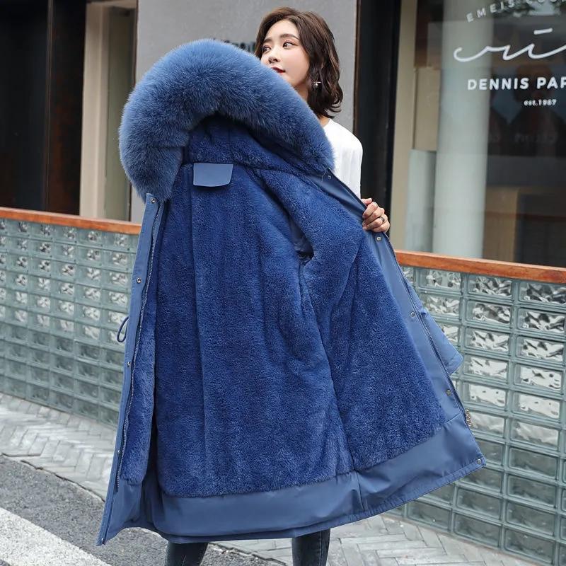 Winter Jacket Parkas Women Mid-length Large Fur Collar Plus Fleece Down Coat Thick Warm Long Coats Hooded Adjustable Waist Plus Size Maxi Outwear
