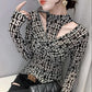 Fashion Hollow Bottoming Shirt Letter Printing Long-sleeved Pullover T-shirt Personality Street Women's Top