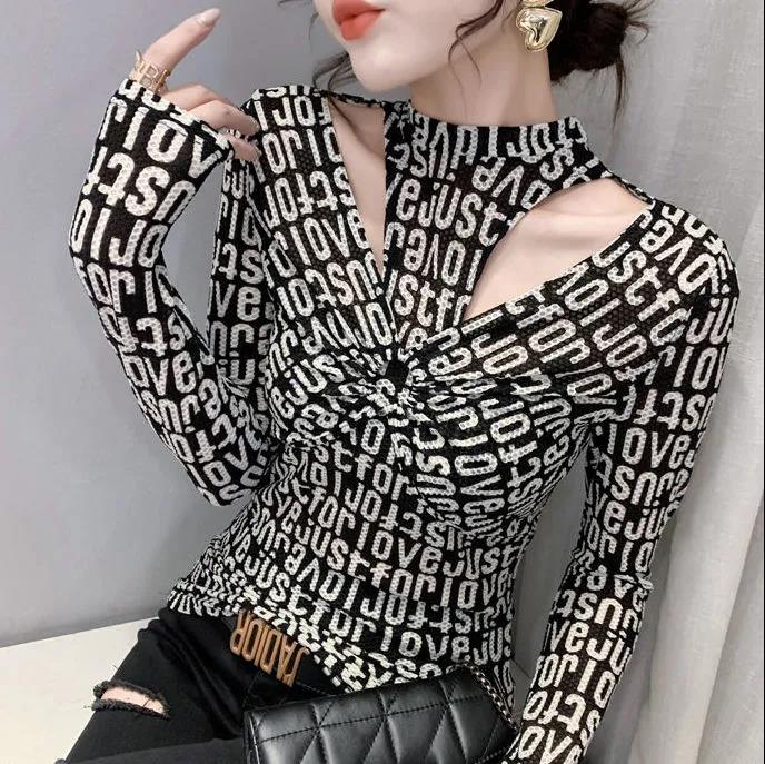 Fashion Hollow Bottoming Shirt Letter Printing Long-sleeved Pullover T-shirt Personality Street Women's Top
