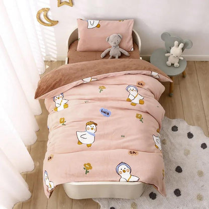 Children's Bed Three-piece Pillowcase Quilt Cover Sheet Milk Velvet Warm Bed Set Cartoon Animals