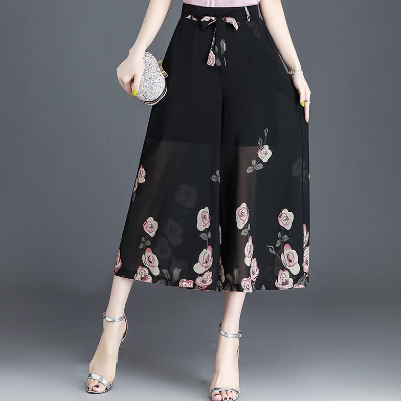 S-4XL Women's Spring Summer Elastic Waist Wide Leg Pants Large Size Thin Loose Printed Cropped Pants
