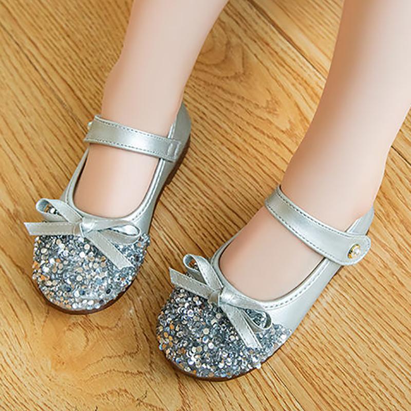 Girls' Leather Shoes Spring and Autumn Non-slip Soft Sole Children's Single Shoes Baby Peas Shoes Crystal Girl Princess Shoes