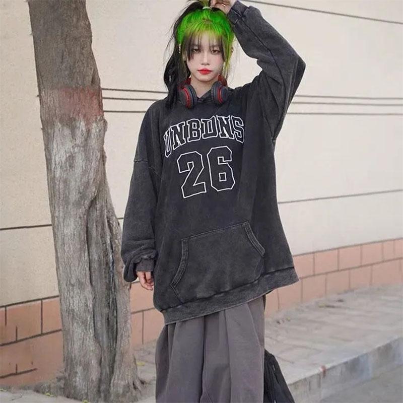 Men and Women Couple Hooded Sweater Hip-hop Loose Big Pocket Long-sleeved Pullover Sweater Oversize High Street Tie-dye Washed Retro Dark Top