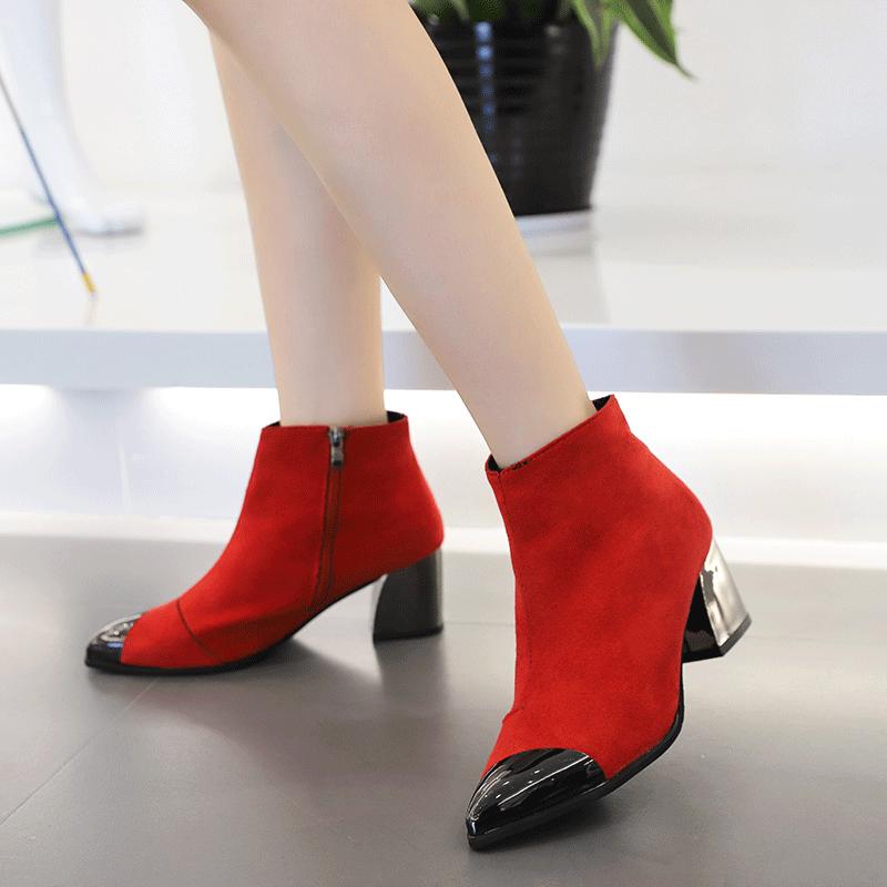 Women Ankle Boots Autumn Winter Red High Heels Boots Ladies Pointed Toe Leather Shoes for Woman