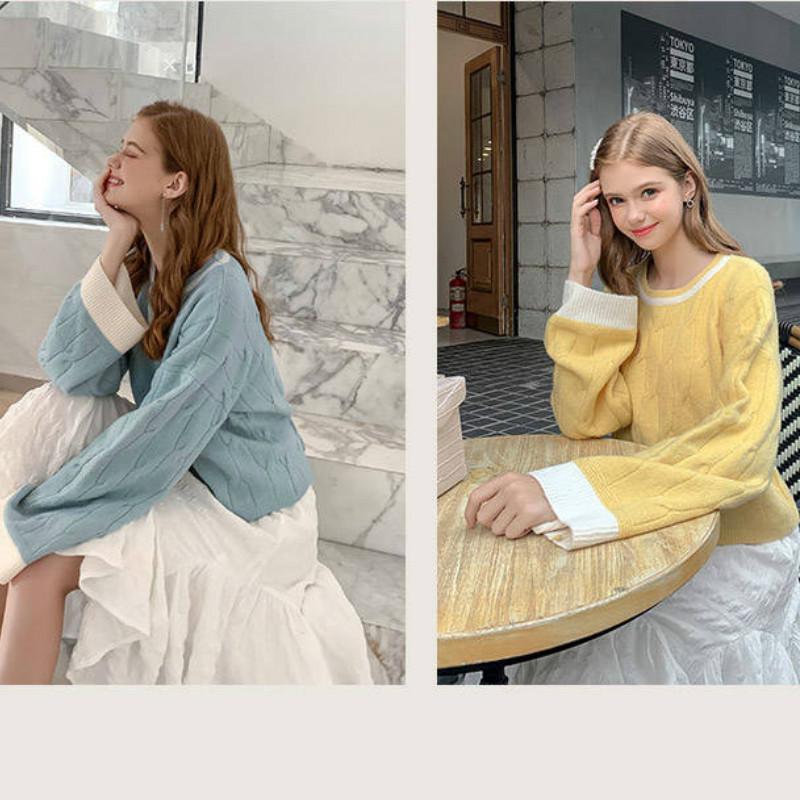 Pofulove Long Sleeve Pullover Twist Back Split Lace Up Sweater Personality Color Matching Sweater