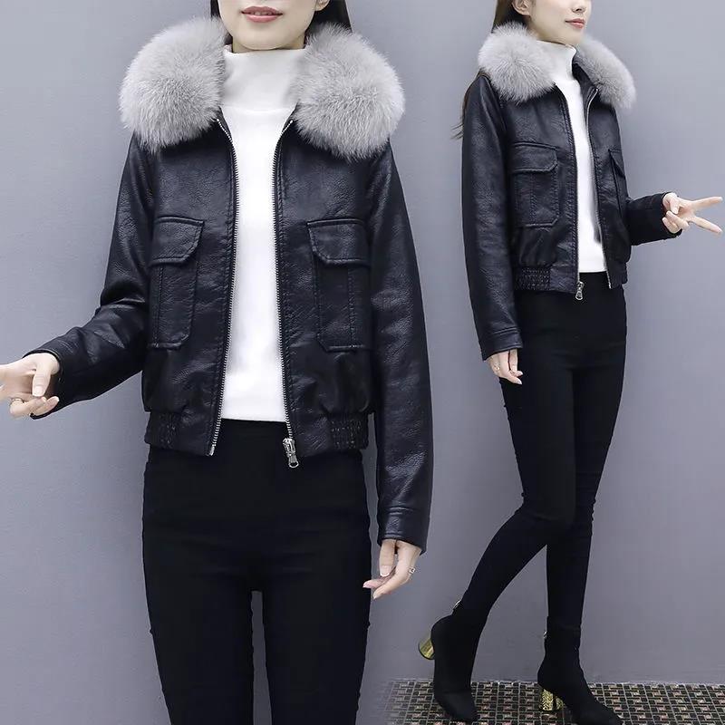 Autumn and Winter Leather Jacket Korean Version of The Short Big Fur Collar Motorcycle Jacket Thick Black Leather Jacket