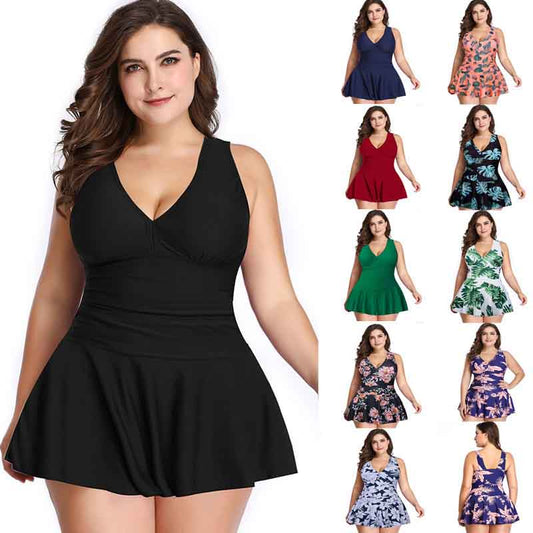 Plus Size Swimsuit Europe and America Cover Belly Solid Color Lace Print Split Skirt Swimsuit