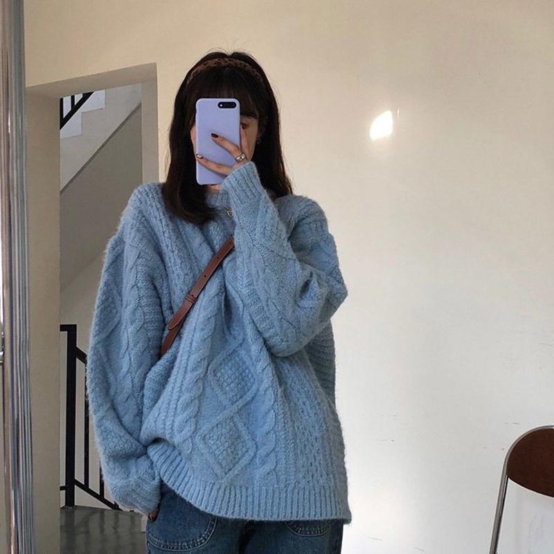 Japanese Retro Gentle and Thick Autumn and Winter Knit Sweater Round Neck Lazy Loose Padded Outer Sweater Women's Warm Women's Blouse