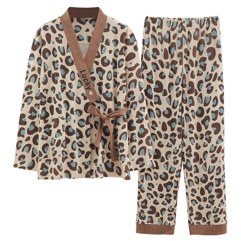 Women's Leopard-print Cotton Pajamas Set V-neck Long-sleeves Pyjama Set Japanese Kimono House Wear Loose Top Pants Two-piece Set