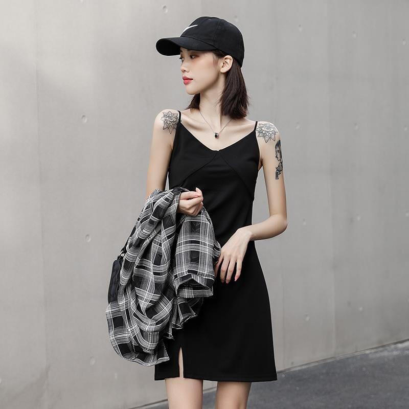 Simple Casual Suspender Dress Female Summer Split Slim Retro Bottomed Vest Skirt Beach Holiday Beach Mid Length Dress