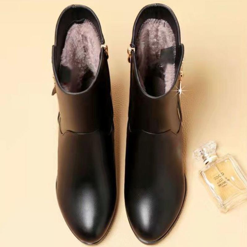 Winter Plus Velvet Mid-heel Leather Shoes, Women's Fashion Black Leather Mid-length Boots Side Zipper Cotton Boots