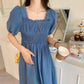 Summer Retro French Casual Solid Color Over-the-knee Long Skirt Waist Puff Sleeve Square Neck Short-sleeved Dress