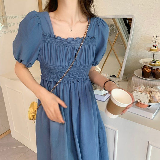 Summer Retro French Casual Solid Color Over-the-knee Long Skirt Waist Puff Sleeve Square Neck Short-sleeved Dress