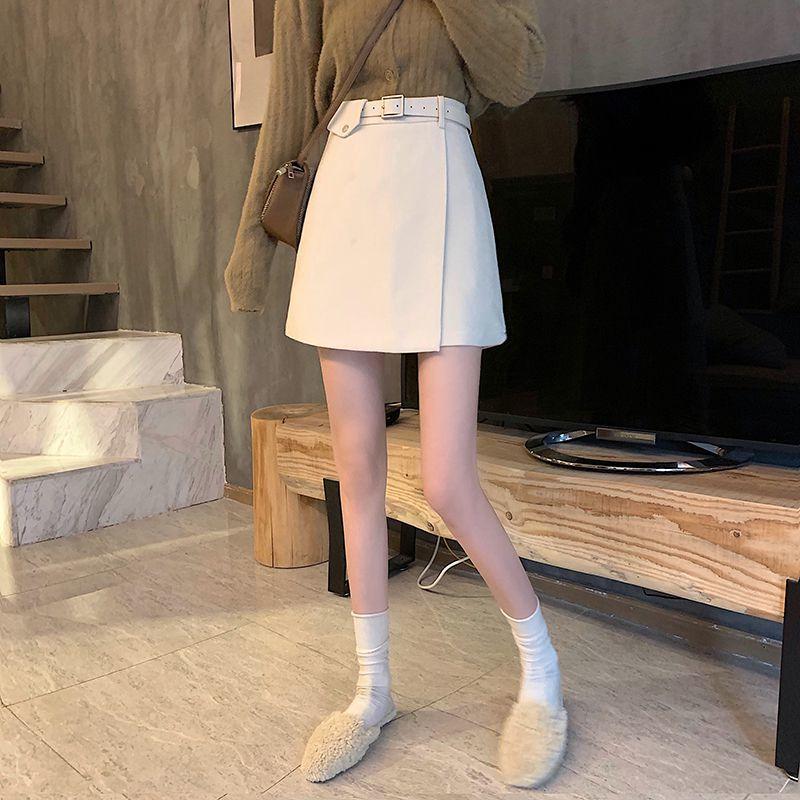 Woolen Cloth Women Sexy Tight A-line High Waist Hip Skirt Short Skirt Belt Split Fork Zipper Club Casual Home Office