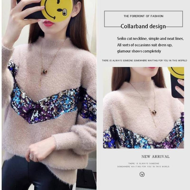 Pofulove women knitted sweater mohair thick pullover top loose half  turtleneck sweater coat Winter jumper pullover
