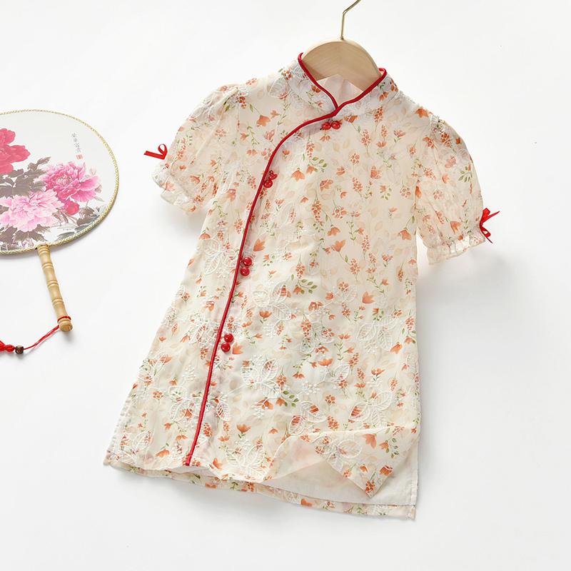 Children's Girls Skirt Summer Dress Little Girl Dress Chinese Style Classical Chiffon Floral Embroidery Cheongsam Skirt